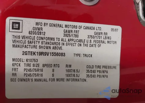 1997 GMC Sierra 1500 Sl Wideside из США, поврежденный, VIN 2GTEK19R9V1556083